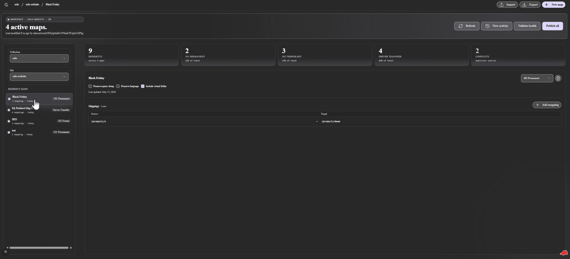 Redirect Manager — Full Page (PRD-002): workspace hero with real Last modified line and four hero CTAs, 5-tile stat strip (Redirects / 301 / 302 / Server Transfer / Conflicts), wider Redirect Maps rail, mappings table